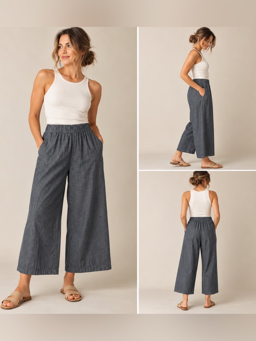 Eileen Fisher Organic Cotton Wide Leg Crop Pants Gray S/P
